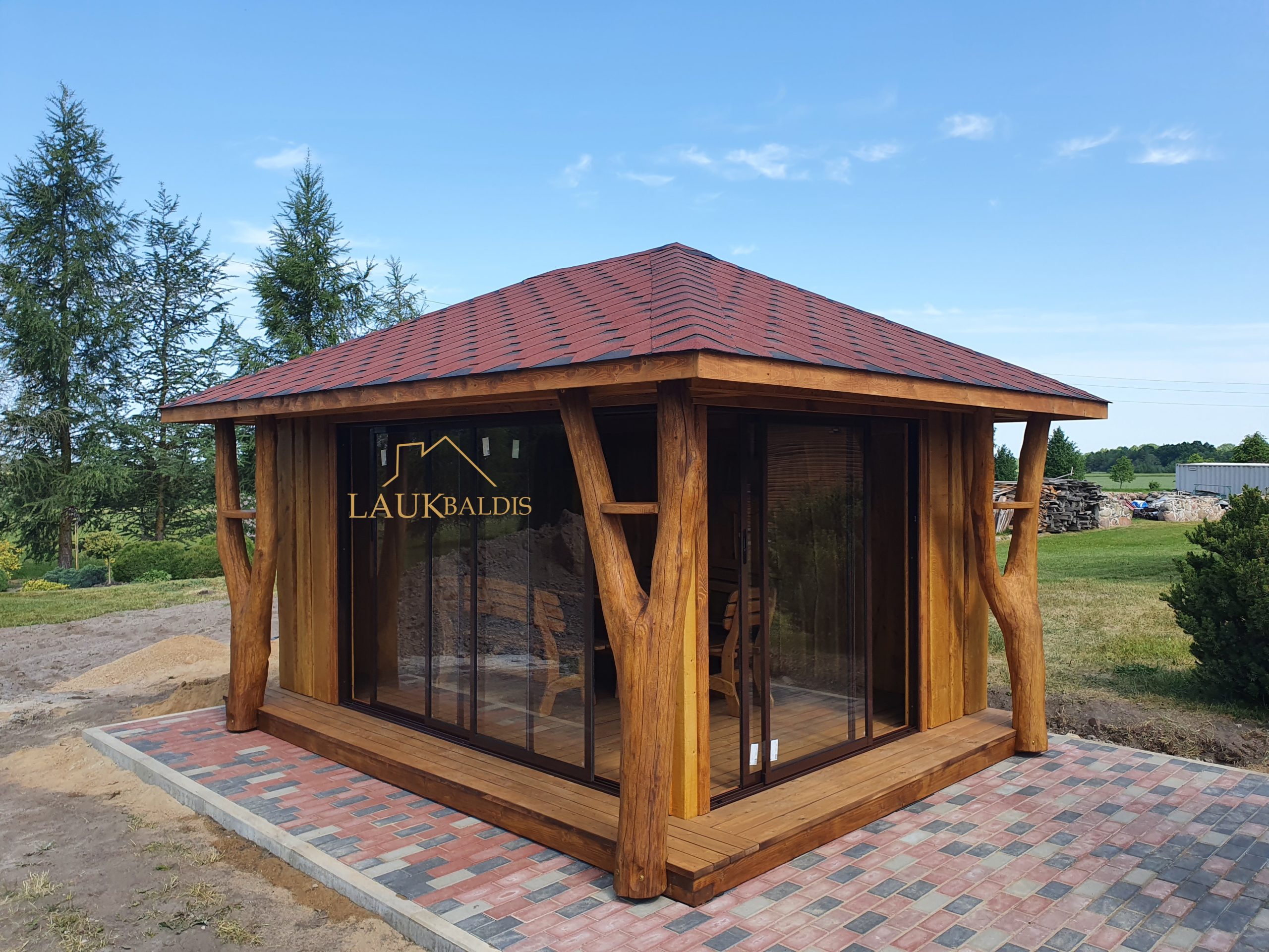 Gazebo with a red roof and sliding glass No. 25-11.4